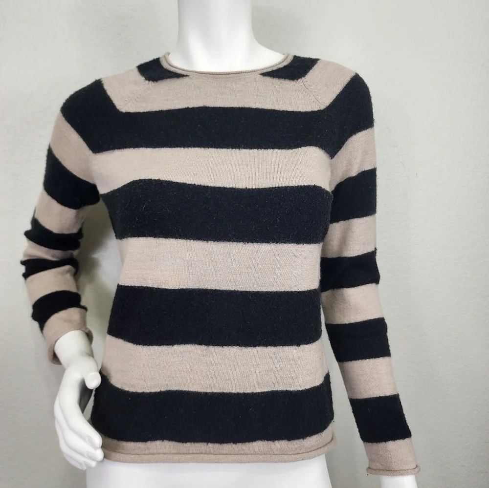 Tory Burch Striped Black Tan Long Sleeve Wool Sweater Size S